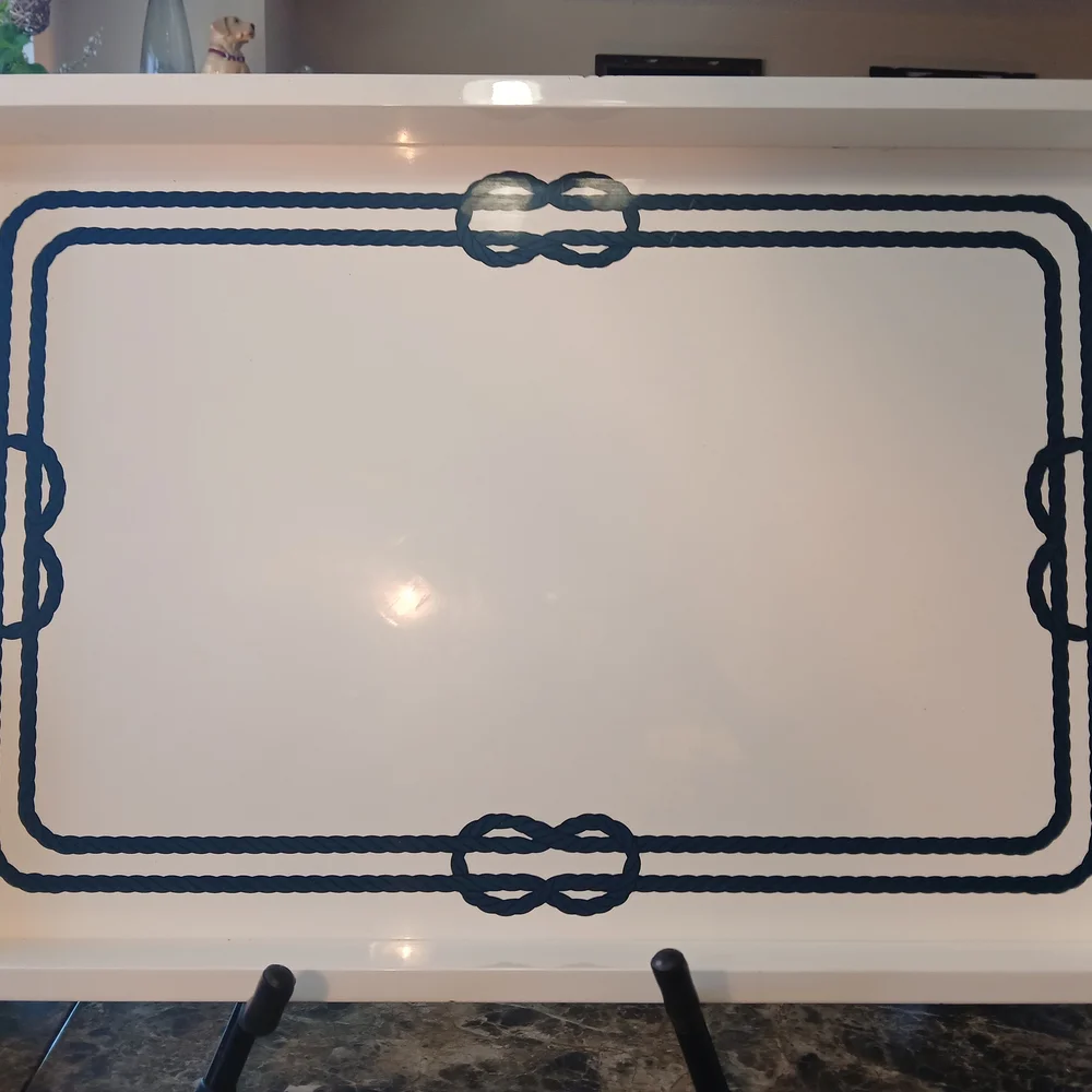 Williams Sonoma White Tray with Navy Blue Rope Border